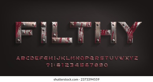 Schriftart mit glattem Alphabet. Metallbuchstaben und -ziffern mit Blutflecken. Stock-Vektorgrafik für Ihr Typografie-Design.