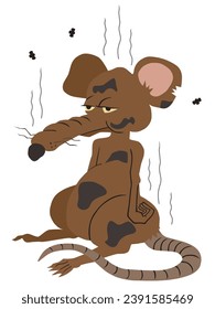 A filthy cartoon rat is throwing off odors and drawing flies