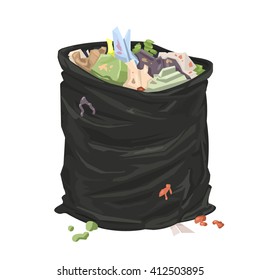 Filthy open litter bin bag.
Vector illustration icon of an open black sack full of litter.
Open trash or garbage bag.