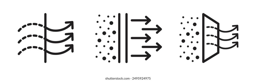 Filtrationsluft-Symbolsatz. Symbol-Sammlung des Luftfilterfilters. sauberer oder frischer Wind, Reinigungszeichen. Luftreiniger, Vektorsymbol. Staubsauger, Symbol für Filterschichten.