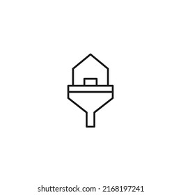 Filtration concept. Vector sign drawn with black lines. Modern symbol in flat style suitable for adverts, books, articles, web sites, apps. Line icon of house inside of funnel or vortex 