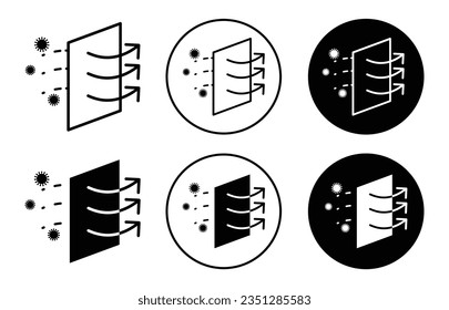 conjunto de iconos de filtración. símbolo vector del filtro de flujo de aire de partículas de polvo. signo purificador de purificación en color negro rellenado y delineado.