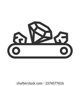Filtration of precious minerals, diamond mining, minerals on the conveyor, linear icon. Editable stroke