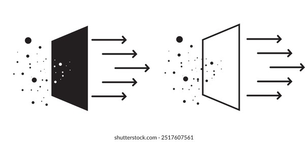 Filtração, símbolo do ícone do purificador. Logotipo purificador de purificação de ar, silhueta. Ícone da linha Micro Clean Air Filtration, vetor. Vento limpo ou fresco, purificação, proteção contra vírus, vetor de poeira limpa.