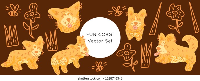 Fin Corgi dog vector illustration. Collection of hand drawn elements made in doodle style. Vector Horizontal header web template.