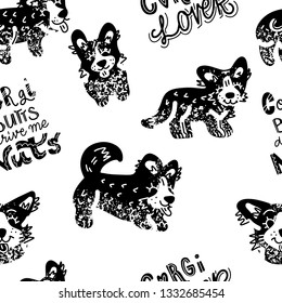 Fin Corgi dog vector seamless pattern. Collection of hand drawn elements made in doodle style. Endless silhouette background 
package, t-shirts, merch design. 