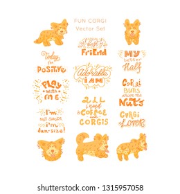 Fin Corgi dog vector set. Illustrations and hand lettering. Collection of hand drawn elements made in doodle style. Set for 
package, t-shirts, merch design. 