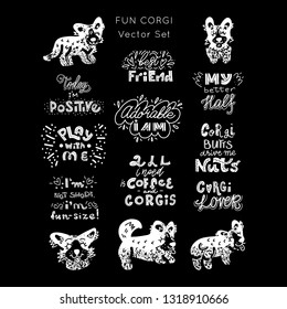 Fin Corgi dog vector set. Illustrations and hand lettering. Collection of hand drawn elements made in doodle style. Set for package, t-shirts, merch design. 