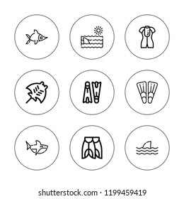 Fin icon set. collection of 9 outline fin icons with flippers, fins, manta ray, shark, swordfish icons. editable icons.
