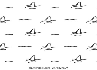 Fin shark dolphin whale, sea ocean doodle vector seamless pattern isolated wallpaper background white.