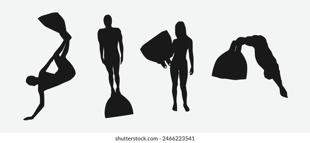 Fin swimming vector set silhouette. Different action, pose on white background. Graphic illustration.