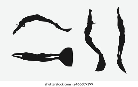 Fin swimming vector set silhouette. Different action, pose on white background. Graphic illustration.