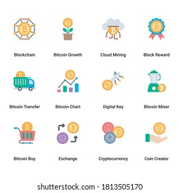 Fin Tech financial technology and Bitcoin and Cryptocurrency, Mining  icons in flat style