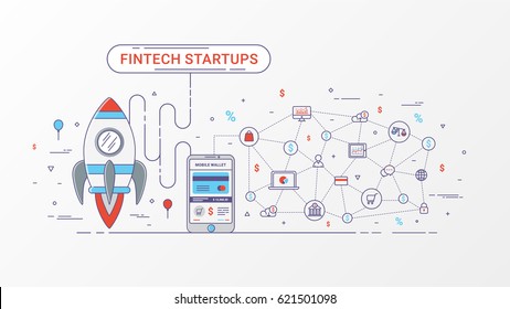 Fin tech start up info graphic design. On line Payments and On line transactions. Delivery of financial services. Rocket, mobile phone and commercial icons. Vector illustration. Flat line design.