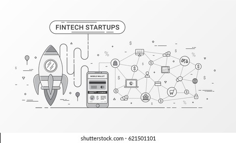 Fin tech start up info graphic design. On line Payments and On line transactions. Intermediaries in the delivery of financial services. Flat line vector illustration. Gray tone.