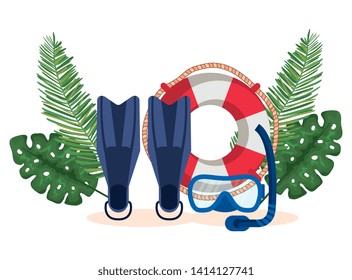fin water equipment with float and snorkel masks with leaves plants