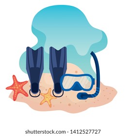 fin water equipment with snorkel masks and starfishes