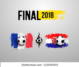 Final 2018. Set of Realistic soccer ball on flag of France vs Croatia, made of brush strokes. Vector illustration. Isolated on gray background