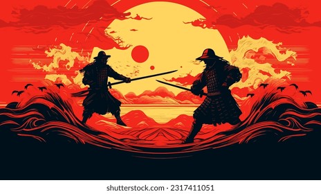 The final battle of Japanese samurai with the red sun background 