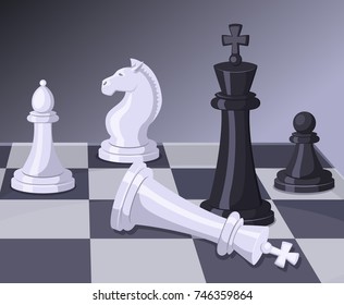 Final of chess game illustration. Checkmate on chess board. Business championship concept