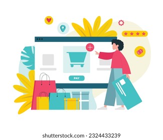 Final choice. Female character is preparing to pay for online order. Application that takes into account product rating, price, color, and delivery address. Woman adds items to shopping cart