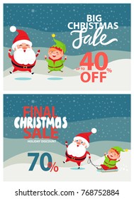 Final Christmas big sale holiday discount 40 70% off poster Santa and Elf riding on sleigh on winter landscape vector illustration advertisement banner