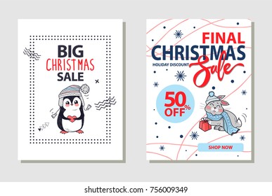 Final Christmas sale and 50% off, shop now and holiday discount, letterings on banner with penguin in sweater and hare with gift vector illustration