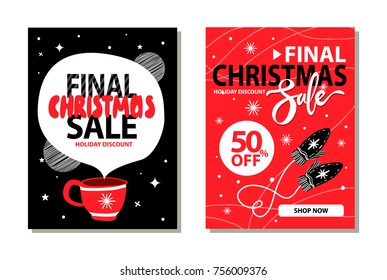 Final Christmas sale 50 % off, holiday discount and shop now, placard with snowflakes and mittens, cup of hot coffee, headline on vector illustrations