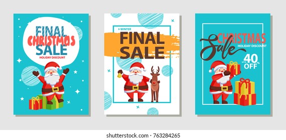 Final Christmas sale holiday discount, set of posters with Santa Claus in good mood and reindeer beside him, presents and titles vector illustration