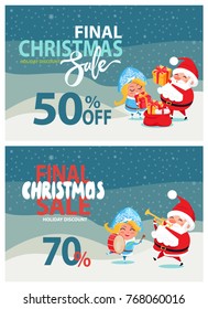 Final Christmas sale holiday discount 50, 70% off poster Santa and Snow Maiden put presents into sack, playing musical instruments winter landscape