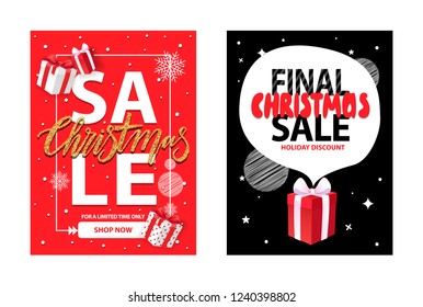 Final Christmas sale, holiday discounts, wrapped gift box on night black sky with stars, snowflakes on red backdrop. Vector total price off leaflet