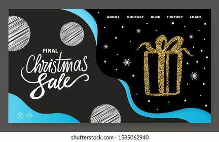 Final Christmas sale webpage with drawing snowflakes and present on black color. Purchase online with clearance price on winter holiday. Website template or app slider flat design style vector