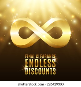 Final clearance endless discounts. Background with light rays, stars and gold infinity symbol. Massive sale. Reductions. Vector illustration