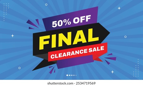 Liquidação Final Venda! Obtenha 50% de desconto com venda de desconto Banner Templates - Formas de elementos vibrantes em amarelo, roxo, preto, branco, vermelho azul Gradiente fundos para promoções de chamar atenção