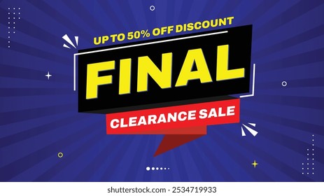 Oferta de venda de liberação final - até 50% de desconto! Modelo de banner de venda de desconto com formas de elemento em preto, branco, amarelo, roxo Gradiente fundo - perfeito para Eye-Catching Promoções e Marketing