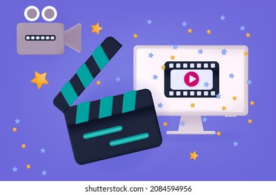 Final completion or end of video editing. Viewing festive video online. Start button, watch movie, news and listen to music. Broadcast clip with congratulations,  fireworks of stars. Vector 3d  