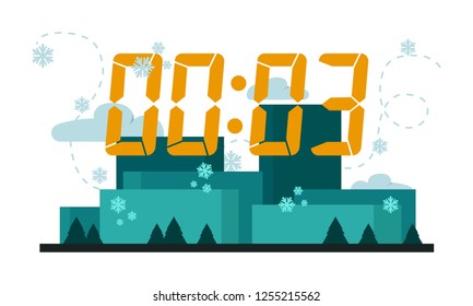 Final countdown flat vector concept includes cityscape and snowfall.