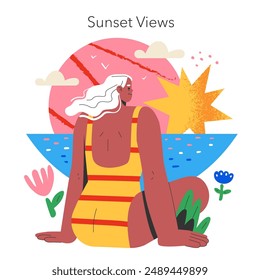 Final Days of Summer Vacation concept. A relaxed woman enjoys a picturesque sunset view. Serene end to summertime leisure by the sea. Vector illustration.