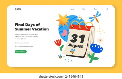 Final Days of Summer Vacation concept. Calendar marks the end of holiday season with beach and nature themed icons. Youthful spirit of summer farewell. Vector illustration.