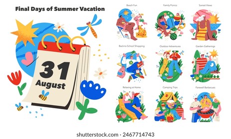 Final Days of Summer Vacation set. Captures the essence of winding down with beach fun, picnics, and back-to-school shopping. Vector illustration.