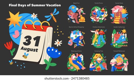 Final Days of Summer Vacation set. Illustration capturing the essence of summer ending with activities like beach outings, picnics, and camping. Vector illustration.