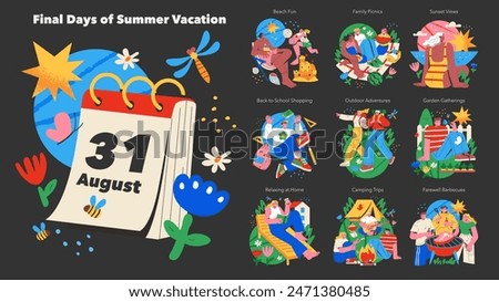 Final Days of Summer Vacation set. Illustration capturing the essence of summer ending with activities like beach outings, picnics, and camping. Vector illustration.