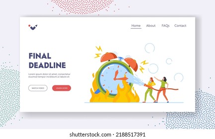Final Deadline, Overtime, Time is Over Landing Page Template. Female Character Extinguish Huge Burning Alarm Clock with Ringing Bell. Office Women Fight with Blaze. Cartoon People Vector Illustration