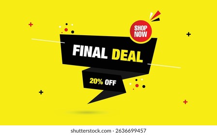 Final deal shop now 20% off editable web banner vector art illustration template design black red gradient shapes yellow abstract background elements modern sale layout for marketing promotion