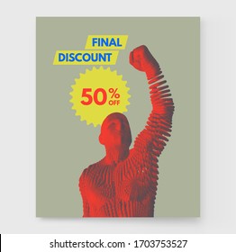 Final discount. 50% off. Sale and special offer. Concept for promotion and advertising. Vector illustration for design or print. Man celebrating success.
