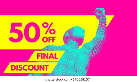 Desconto final. 50% de desconto. Venda e oferta especial. Conceito para promoção e publicidade. Ilustração vetorial para design ou impressão. Homem celebrando o sucesso.