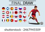 The final draw for the 2024 championship is isolated on blue background. A football player hits the ball. National football team badges. All participating countries. All groups. Vector illustration.