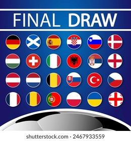 Sorteo final para el campeonato 2024 aislado sobre fondo azul. Insignias de la selección nacional de fútbol. Todos los países participantes. Todos los grupos. Ilustración vectorial.