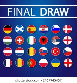 Sorteo final para el campeonato 2024 aislado sobre fondo azul. Insignias de la selección nacional de fútbol. Todos los países participantes. Todos los grupos. Ilustración vectorial.