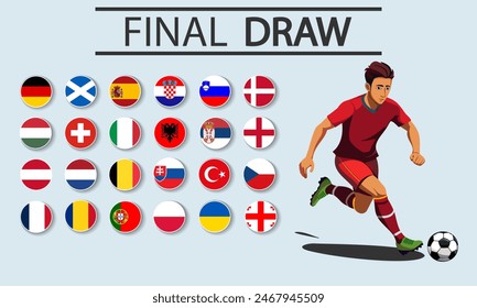 El sorteo final para el campeonato de 2024 está aislado sobre fondo azul. Un jugador de fútbol golpea la pelota. Insignias de la selección nacional de fútbol. Todos los países participantes. Todos los grupos. Ilustración vectorial.